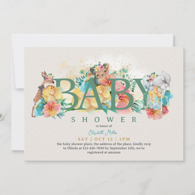 Invitation Woodland Animal Rustique Floral Baby Girl Douche (Devant)