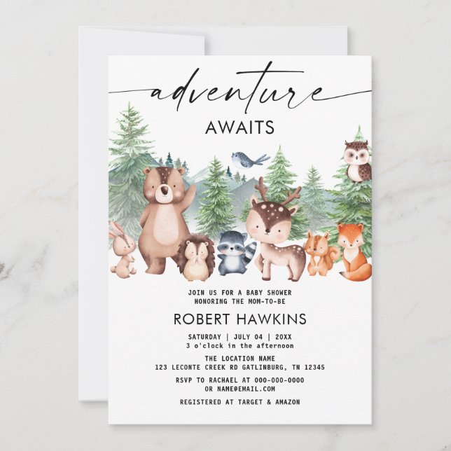 Invitation Woodland Animals Adventure Await Baby shower (Devant)