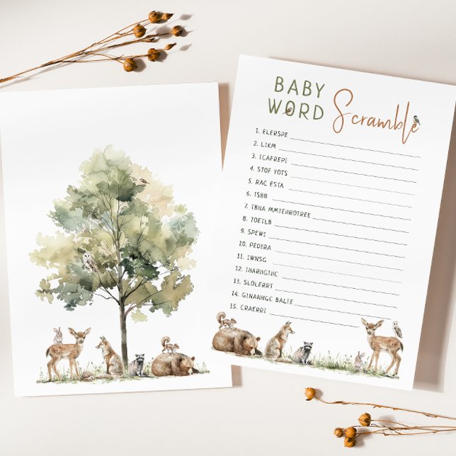Invitation Woodland Animals Baby Word Scramble Game Card (Créateur téléchargé)