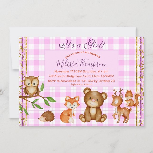 Invitation Woodland Animals Forest Friends C'est une fille Pl (Devant)