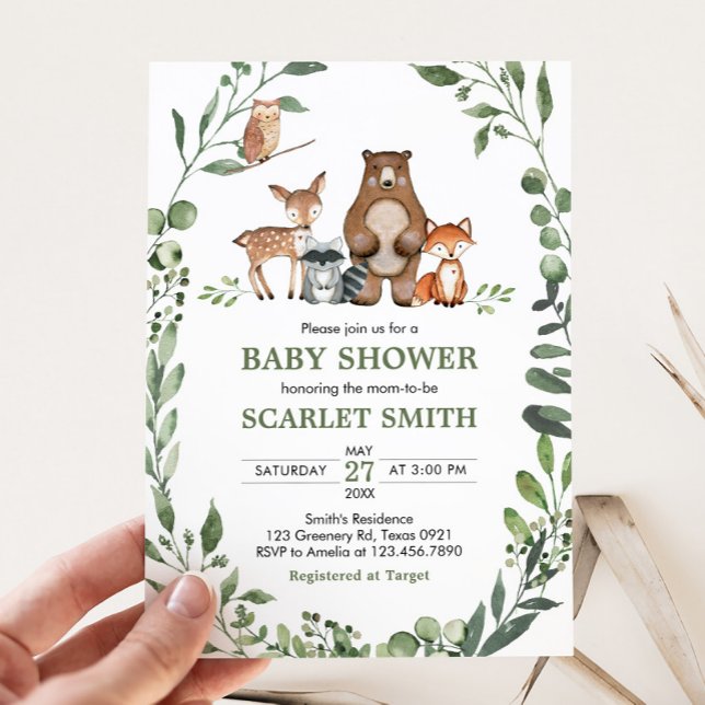 Invitation Woodland Animals Greenery Baby Shower  (Woodland Animals Baby Shower Invitation)
