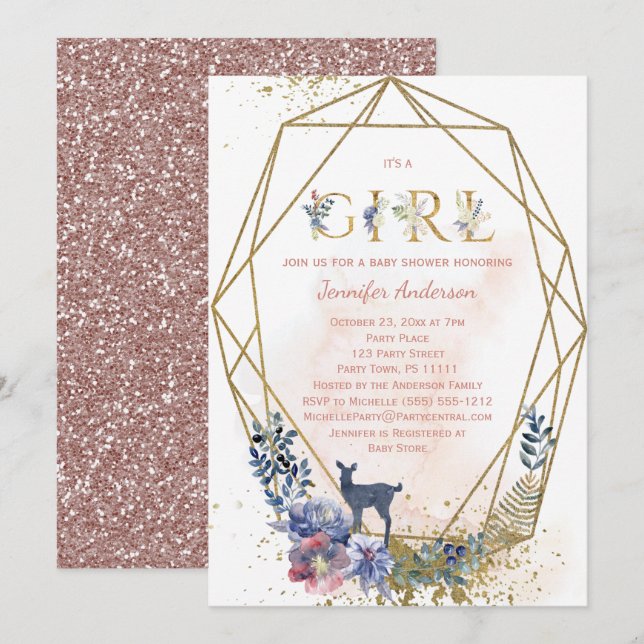 Invitation Woodland Baby Girl Douche (Devant / Derrière)