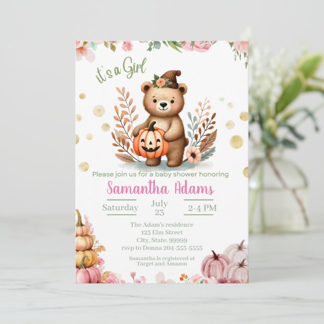 Invitation Woodland Baby shower Automne Citrouille fille (Debout devant)