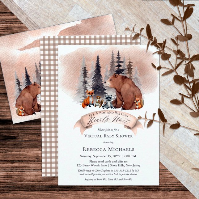 Invitation Woodland Bearly Wait Virtual Boy Baby shower (Créateur téléchargé)