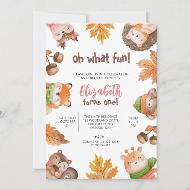 Invitation Woodland Birthday, 1st Girl (Devant)