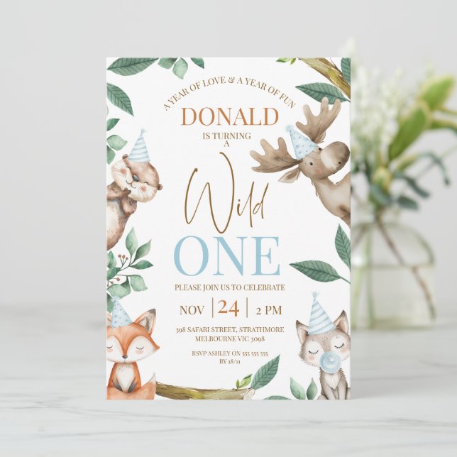 Invitation Woodland Blue Wild Un 1er anniversaire (Debout devant)