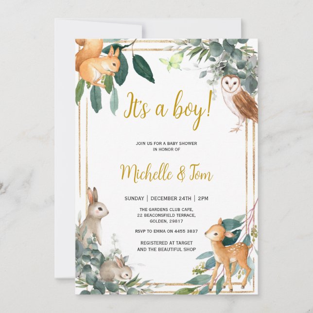 Invitation Woodland C'est un Baby shower garçon (Devant)