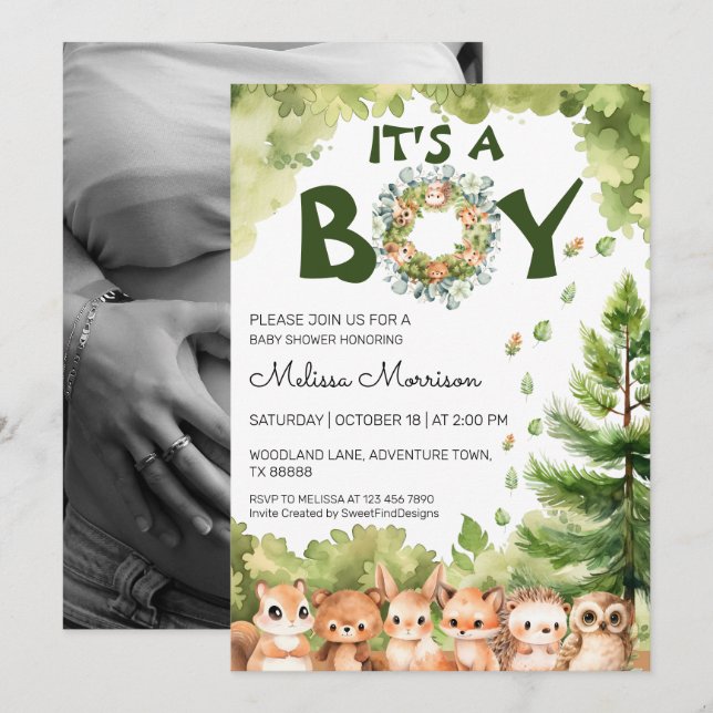 Invitation Woodland C'est un garçon Baby shower de verdure ru (Devant / Derrière)