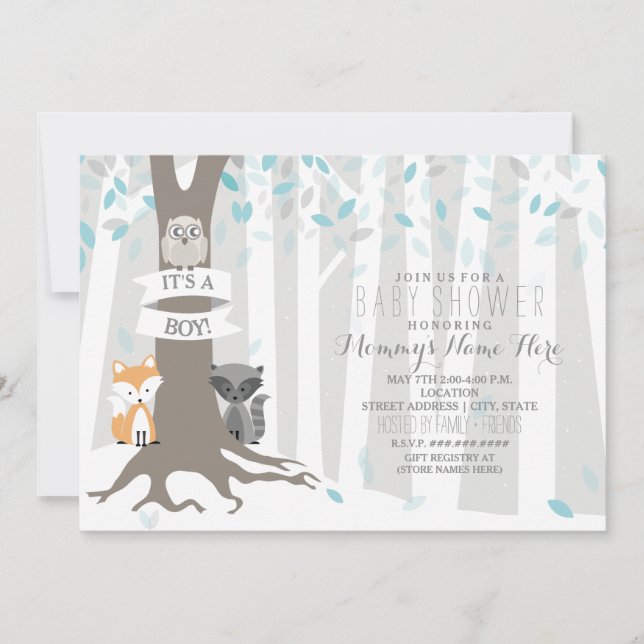 Invitation Woodland Creatures Baby shower d'hiver - Garçon (Devant)