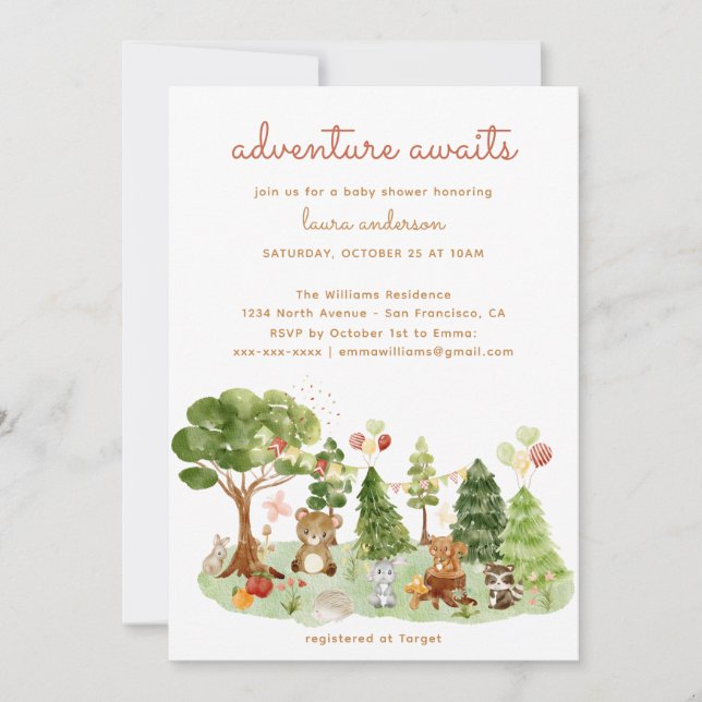Invitation Woodland Creatures Fall Adventure Baby shower (Devant)