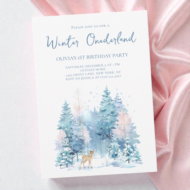 Invitation Woodland Deer Winter Wonderland 1ère fête d'annive (Woodland Deer Winter Wonderland 1st Birthday Party Invitation)