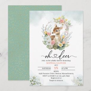Invitation Woodland deerflowers verdure aquarelle bébé specta