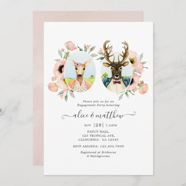 Invitation Woodland Forest Deer Boho Funny Engagement Party (Devant / Derrière)