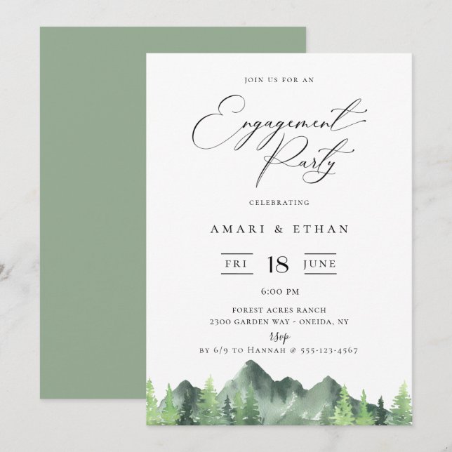 Invitation Woodland Forest Mountain Engagement Party (Devant / Derrière)