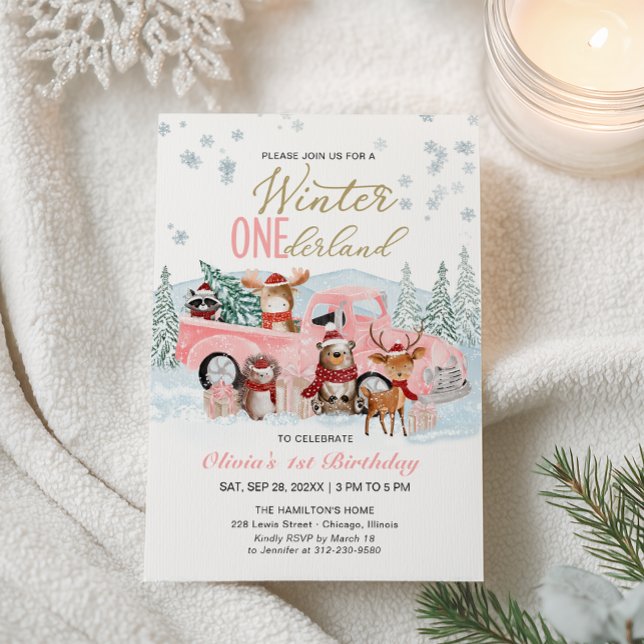 Invitation Woodland Forest Pink Truck ONEderland 1st Birthday (Créateur téléchargé)