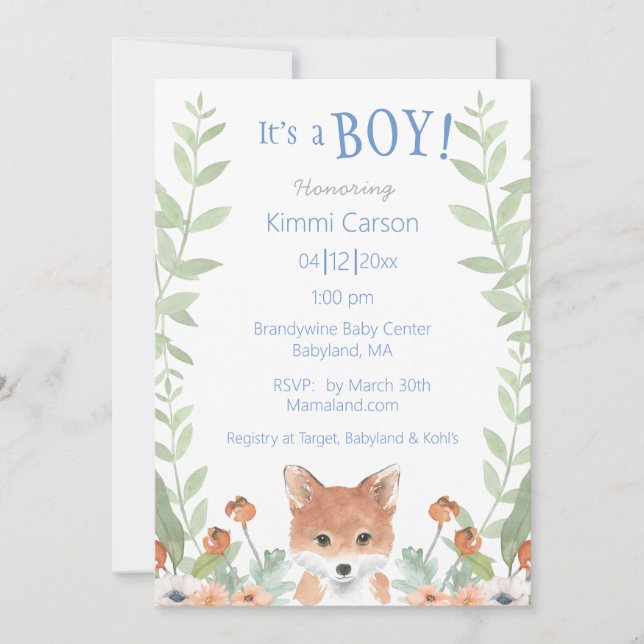 Invitation Woodland Fox Baby Boy Script Baby shower Floral (Devant)