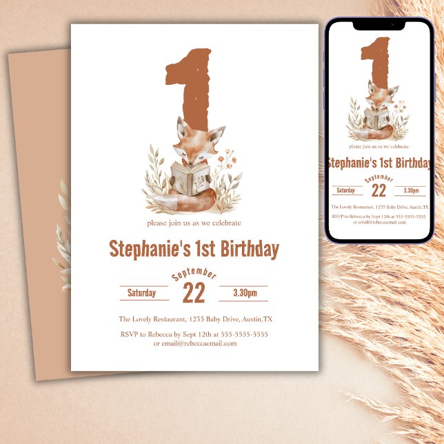 Invitation Woodland Fox Lire un livre 1er anniversaire fête (Créateur téléchargé)