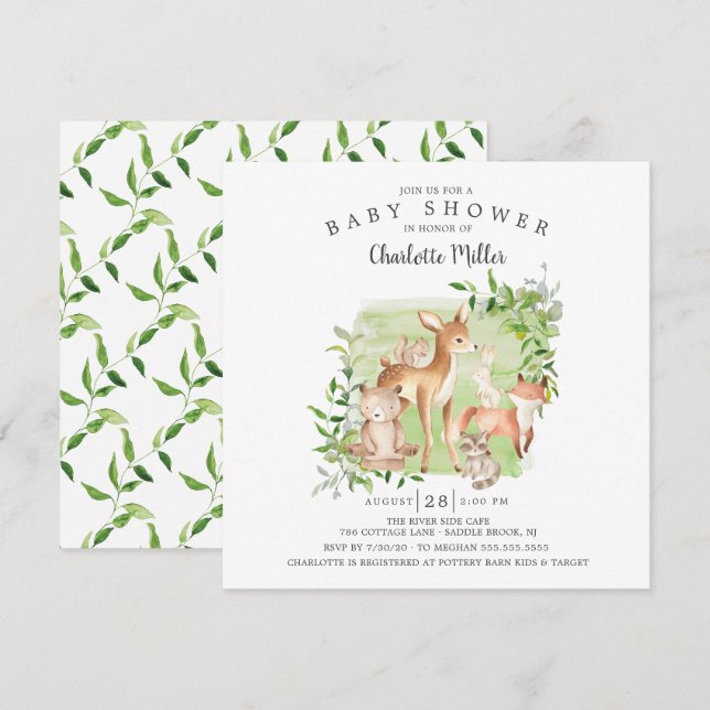 Invitation Woodland Friends Baby shower neutre pour les femme (Devant / Derrière)
