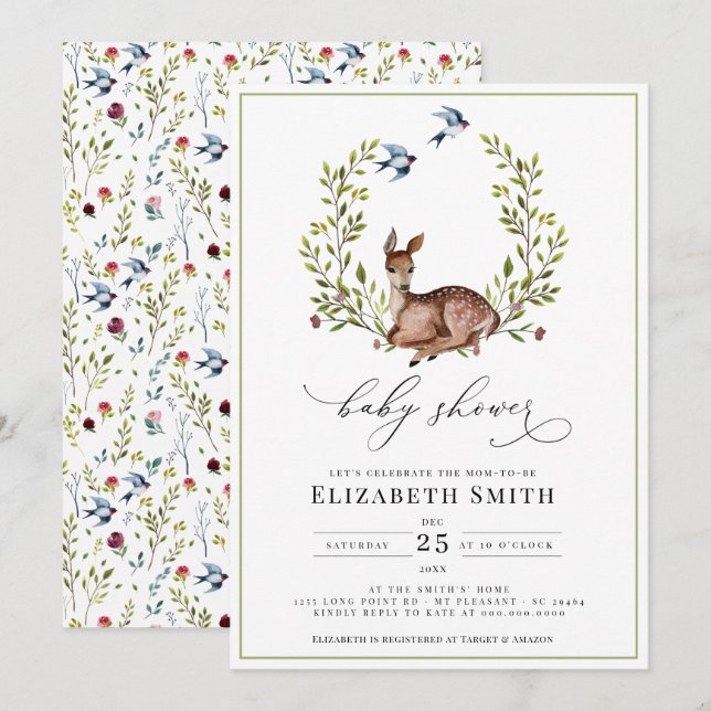 Invitation Woodland Friends Floral Genre Baby shower neutre (Devant / Derrière)
