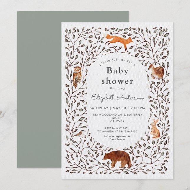 Invitation Woodland Friends Gender Neutral Sage Baby Shower (Devant / Derrière)