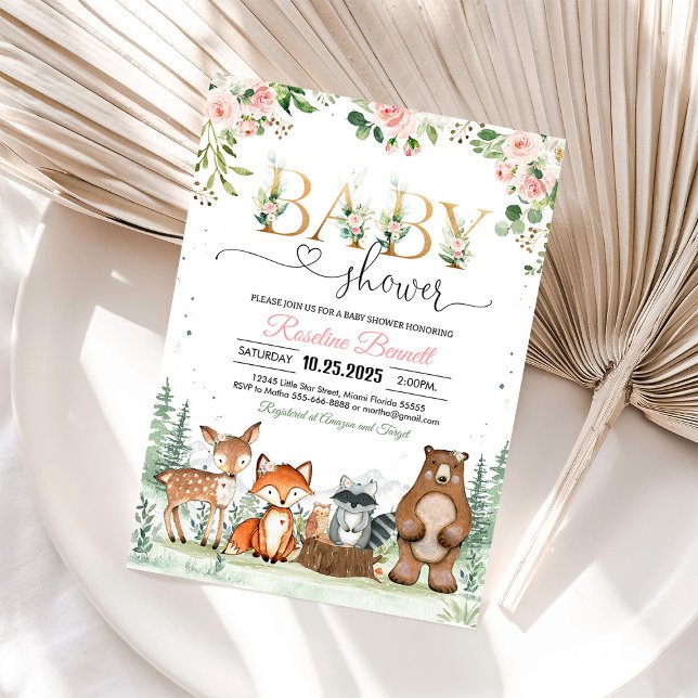 Invitation Woodland Girl Baby shower Forêt Bois Animaux (Créateur téléchargé)