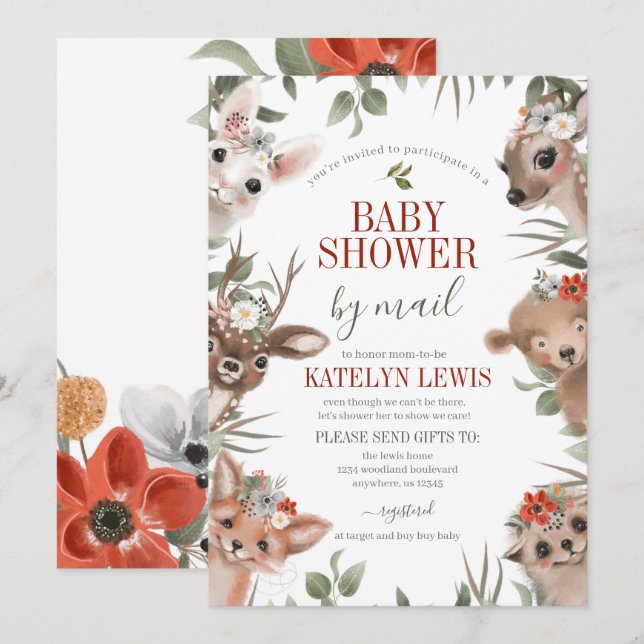 Invitation Woodland Greenery Baby shower par courrier (Devant / Derrière)
