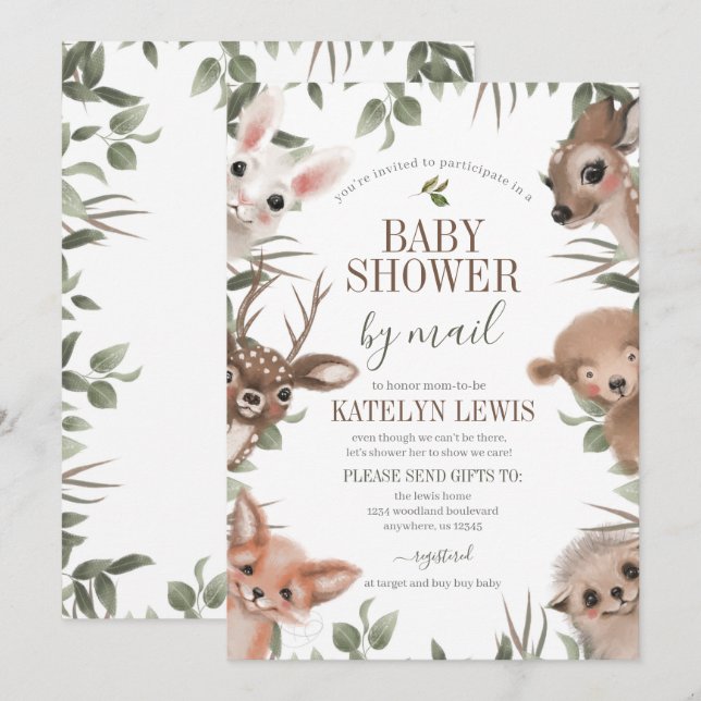 Invitation Woodland Greenery Baby shower par courrier (Devant / Derrière)