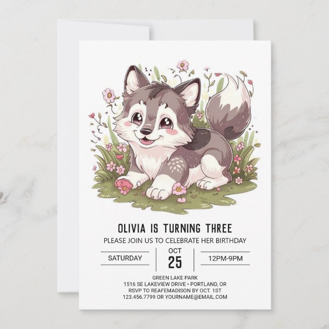 Invitation Woodland Howling Digital Wolf Anniversaire (Devant)