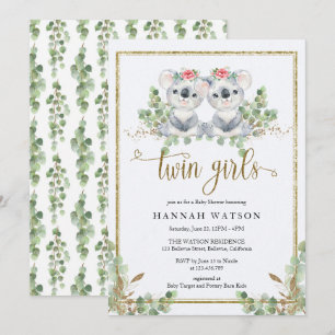 Invitation Woodland Koala Eucalyptus Rose Roses Baby shower