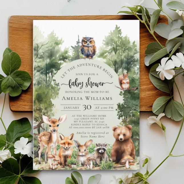 Invitation Woodland Laisser l'aventure commencer le Baby show (Créateur téléchargé)