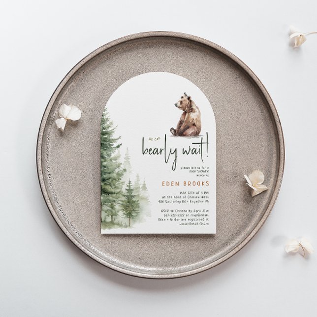 Invitation Woodland "On Peut Attendre !" Arche baby shower (Créateur téléchargé)