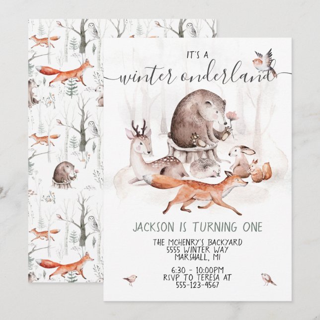 Invitation Woodland Onderland Scandinavian Birday Party (Devant / Derrière)