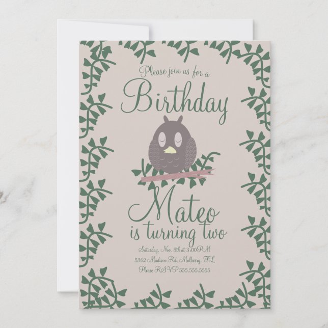 Invitation Woodland Owl Greenerife fête d'anniversaire Rustic (Devant)