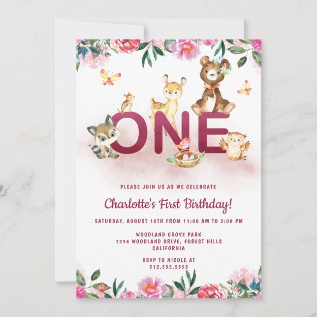 Invitation Woodland Pink 1er anniversaire (Devant)