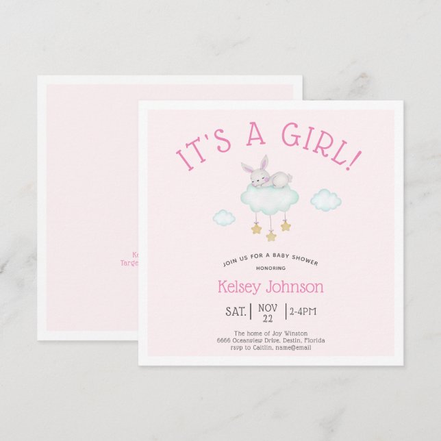 Invitation Woodland Pink C'est un Baby shower lapin fille (Devant / Derrière)