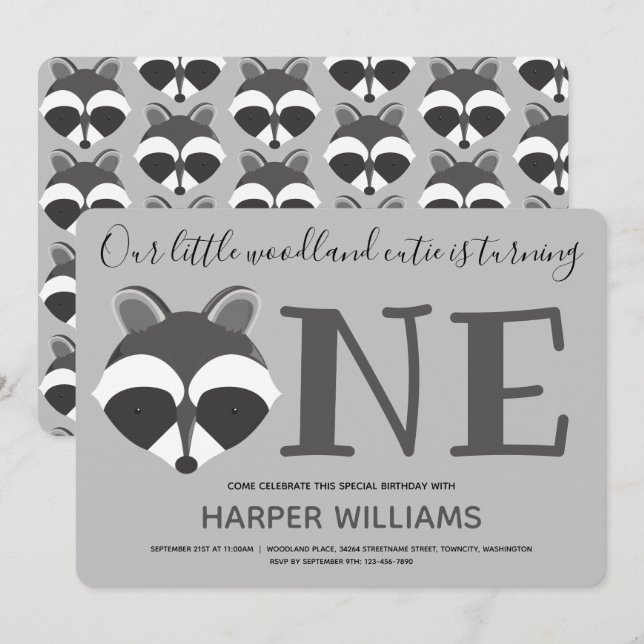 Invitation Woodland Raccoon Baby One First Birthday (Devant / Derrière)