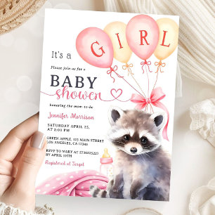 Invitation Woodland Raccoon Baby shower fille Ballons roses