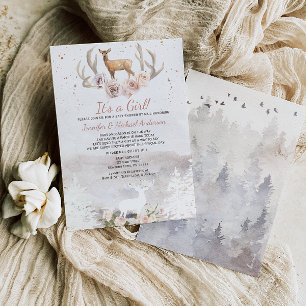 Invitation Woodland Rose Girl Deer Forest Baby shower Par Mai