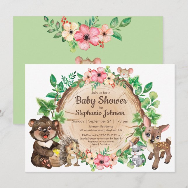 Invitation Woodland Rustic Animal Baby shower neutre (Devant / Derrière)