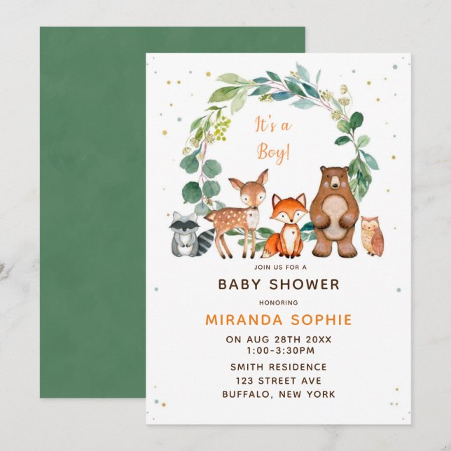 Invitation Woodland Safari Animaux garçon Baby shower Invitat (Devant / Derrière)