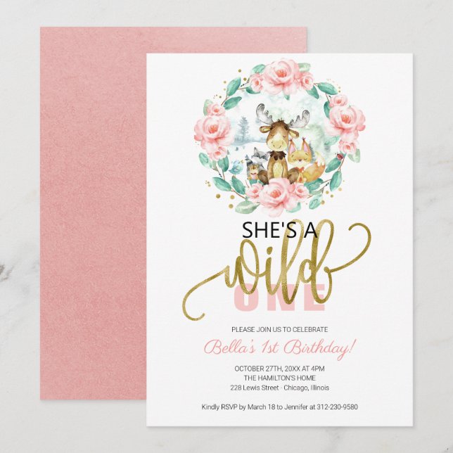 Invitation Woodland She's A Wild One First Birthday (Devant / Derrière)