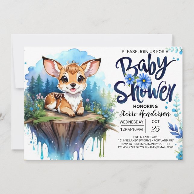 Invitation Woodland thème Baby shower bleu pour garçon (Devant)