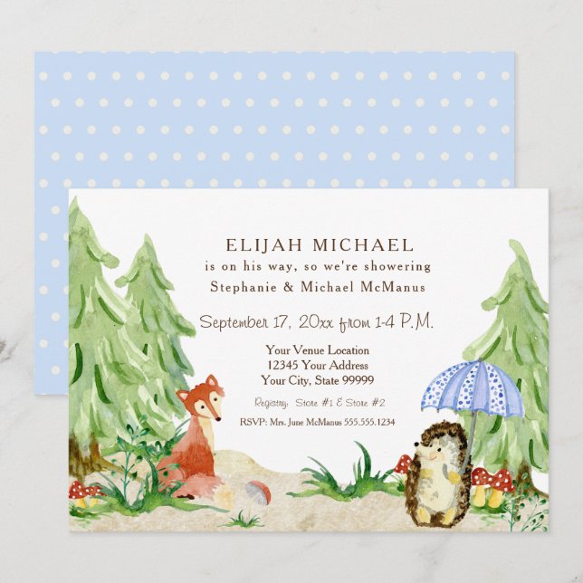 Invitation Woodland Tree Forest Fox Hedgehog Boy Baby shower (Devant / Derrière)