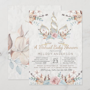 Invitation Woodland Unicorn Baby shower virtuel Argent