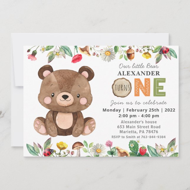 Invitation Woodland Wild One Bear Anniversaire Fête Invitatio (Devant)