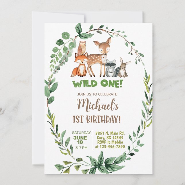 Invitation Woodland Wild One boy 1st birthday invitation. (Devant)