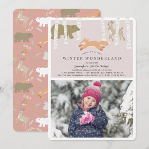 Invitation Woodland Winter Wonderland Pink Photo Anniversaire