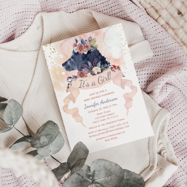 Invitation Woodland Wolf Aquarelle Floral Baby Girl Douche (Créateur téléchargé)