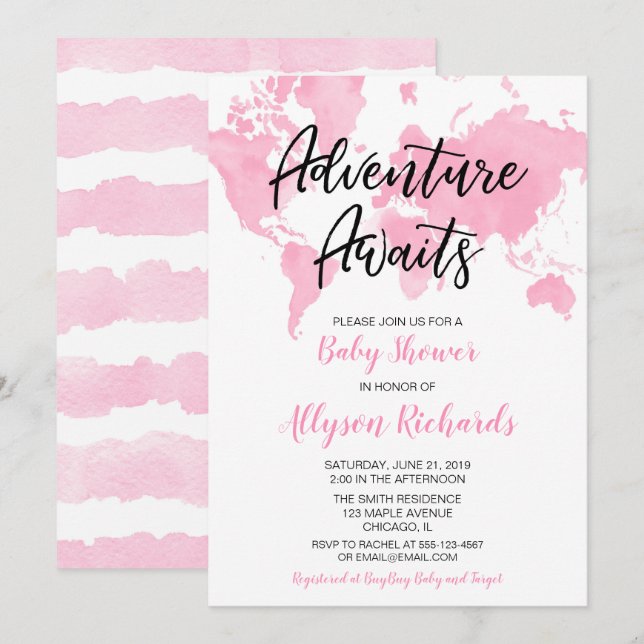 Invitation World map aventure attend fille baby shower rose (Devant / Derrière)