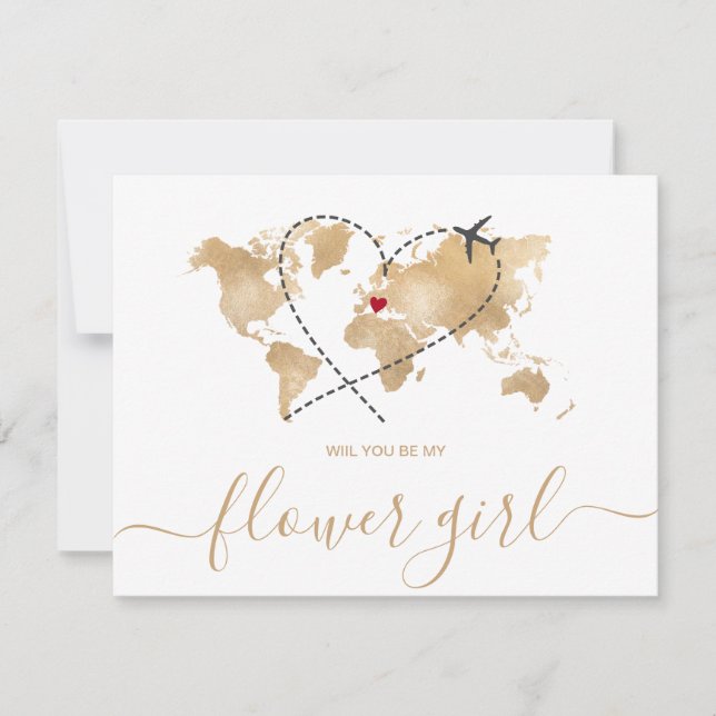 Invitation World Map Gold Serez-Vous Ma FLOWER GIRL Invitati (Devant)